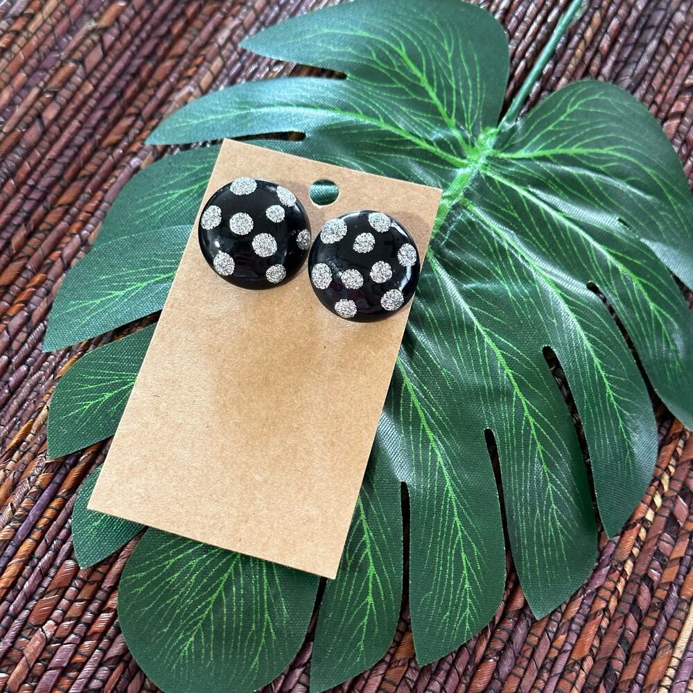 BOGO FREE BLACK SILVER GLITTER POLKA DOT BUTTON EARRINGS